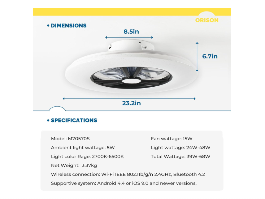Orison RGB Ceiling Fans with Lights, 23'' Low Profile Ceiling Fan with Light and Remote, Smart Ceiling Fans with 8 blades, Compatible with Alexa, Google Home and App Controlled (Black)