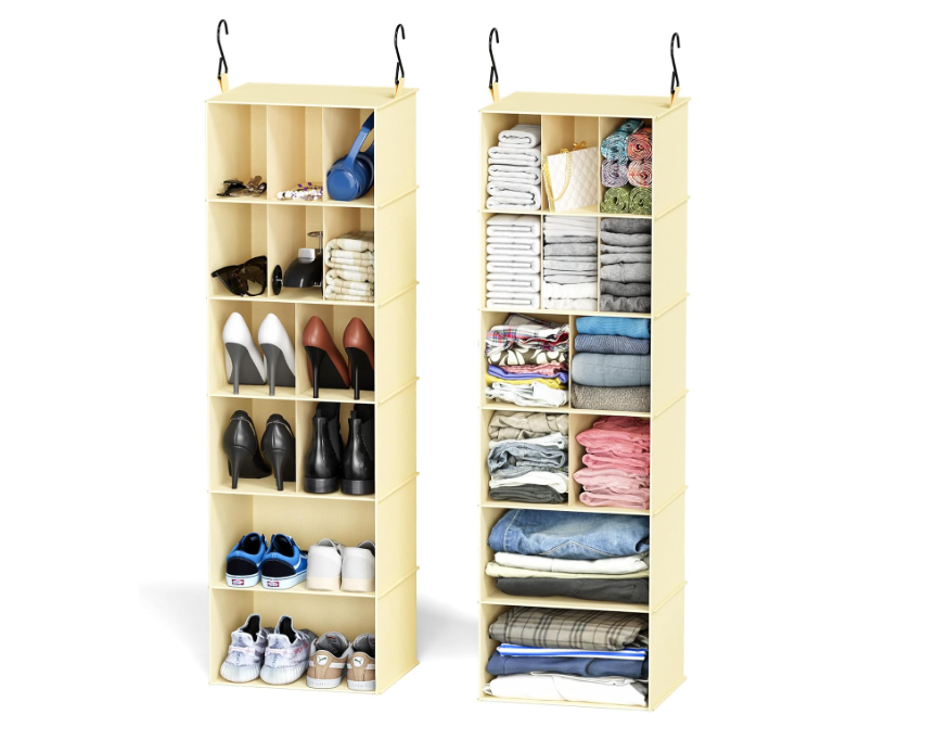 SpaceAid 2 Pack Hanging Closet Organizer and Storage with Dividers, 24 Compartments Hanging Shoe Shelves for Closet, Wardrobe, RV, Garment Rack - Beige