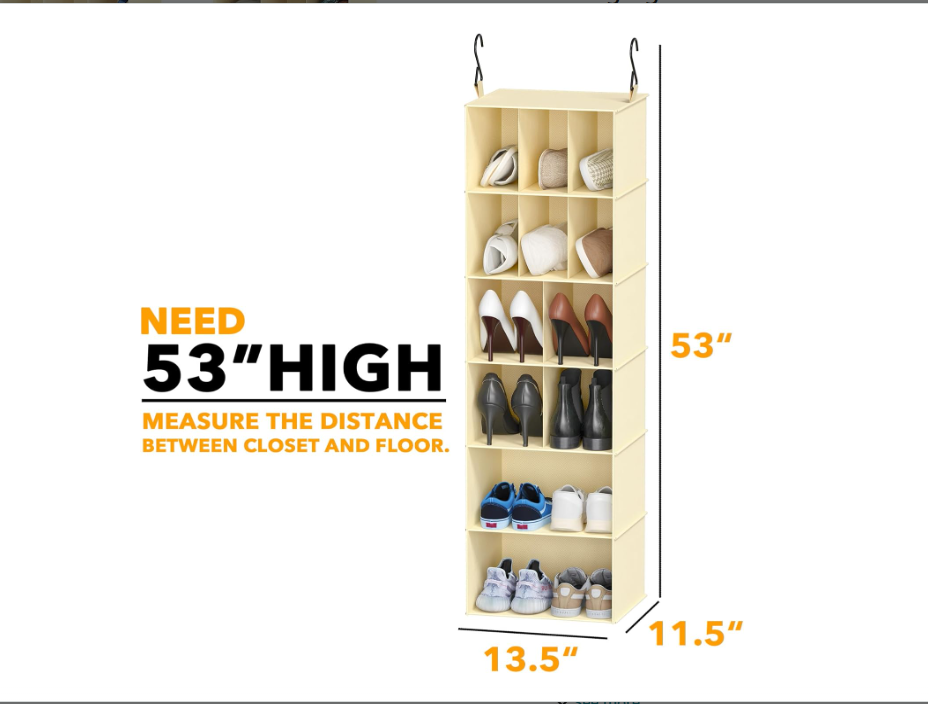 SpaceAid 2 Pack Hanging Closet Organizer and Storage with Dividers, 24 Compartments Hanging Shoe Shelves for Closet, Wardrobe, RV, Garment Rack - Beige