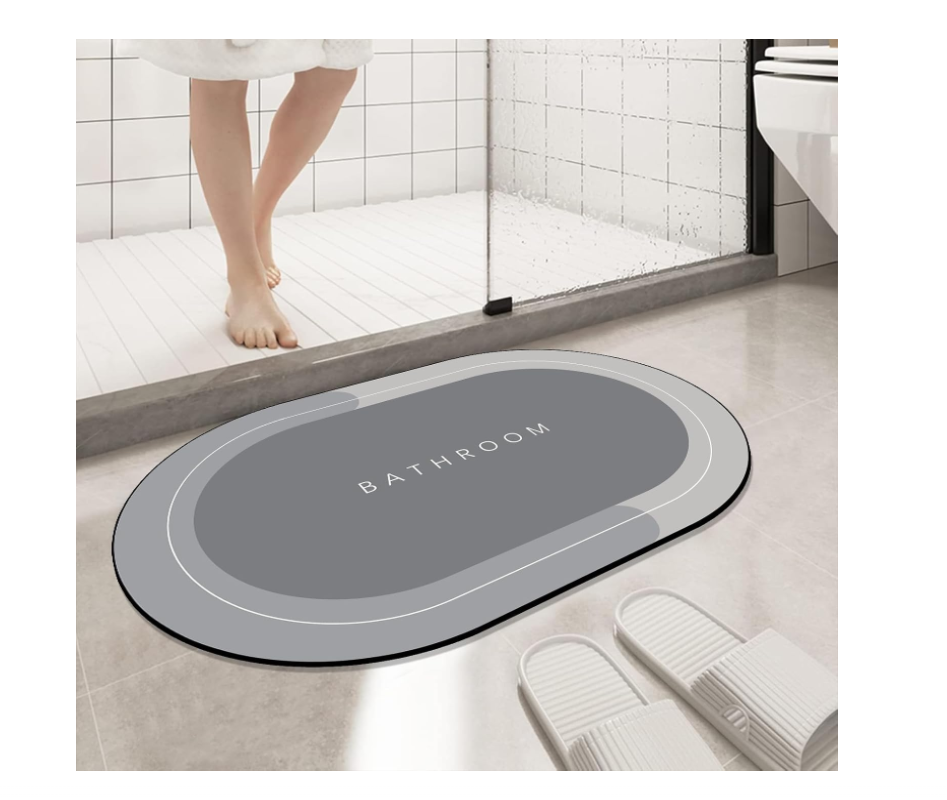 Diatomaceous Earth Bath mat Rubber Non Slip Shower mat Quick Dry Super Absorbent Bathtub mat Bath Stone Mat - Thin Bath Mats for Bathroom Floor, Tub and Fit Under Door, 19.6" x 31.4" Oval, Grey