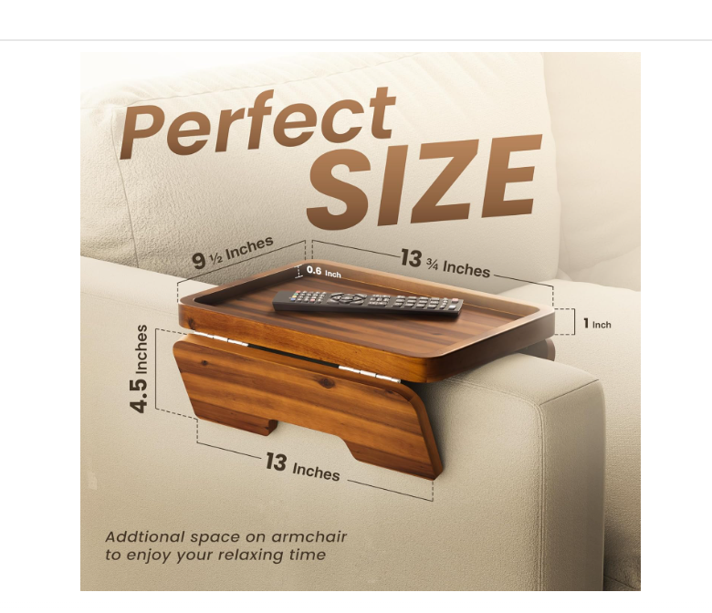 HOLANA Acacia Wood Sofa Armrest Tray -Double Hinge Sofa Arm Tray Table Clip - Couch Arm Table - Wooden Side Tables for Small Spaces for Eating and Drink (Classic, Acacia)