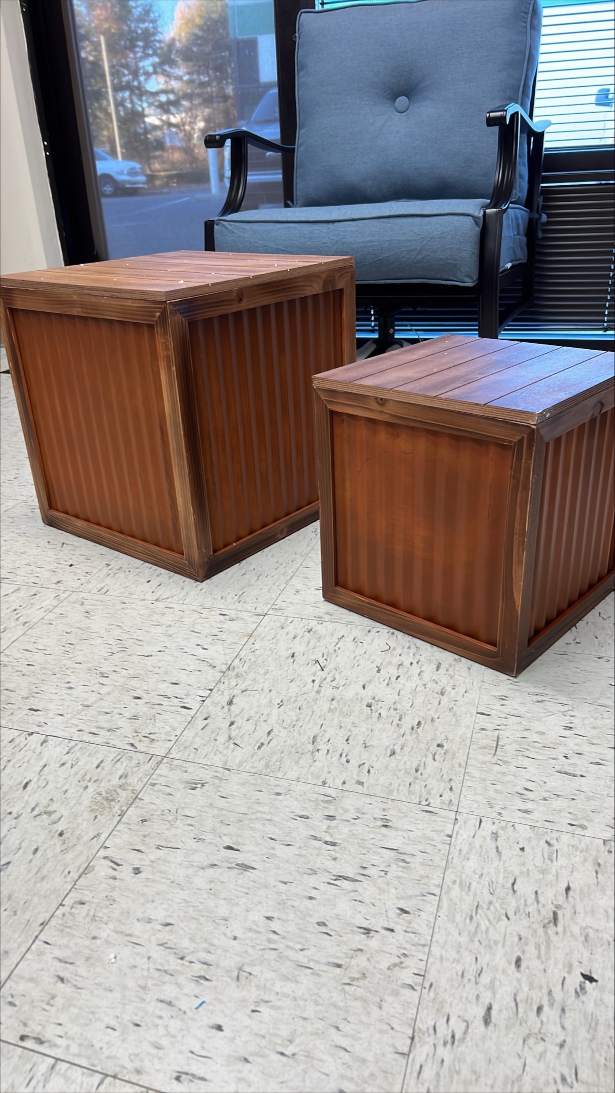 COLLECTIVE HOME - Wood Storage Ottoman, Rustic Storage Stool, 2 Pack Cube Seat Foot Rest Stool, Accent Side Table, Metal Storage Bin for Living Room Furniture, 16"/12" (brown, barn Door)