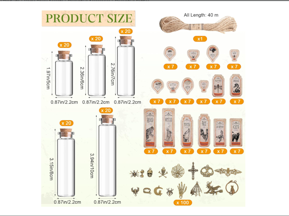 Sliner 313 Pcs Halloween Mini Glass Jars with Wood Cork Stoppers Halloween Bottle Labels Animal Apothecary Stickers Halloween Charms Pendants and String for Halloween Party Decorations Props