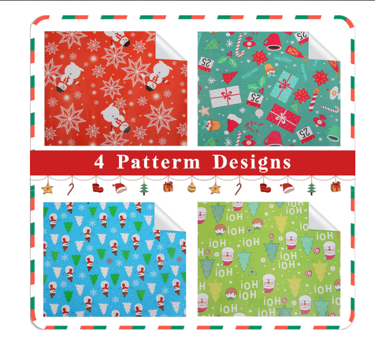 Wrapping Paper, 4 Rolls Christmas Wrapping Paper, Gift Wrap Paper Roll with Snowman & Snowflakes Pictorial for Christmas, New Year, Holiday, Party, 30 In X 15 Feet In Per Roll