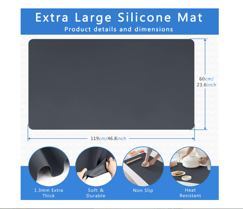 Large Silicone Mats for Kitchen Counter 0.05" Thick 46.8" Long X 23.6" Wide Gray, Heat Resistant Protector Pad Multipurpose Mat for Cooktop Table, Pets Mats, Art Painting Mats, Placemat