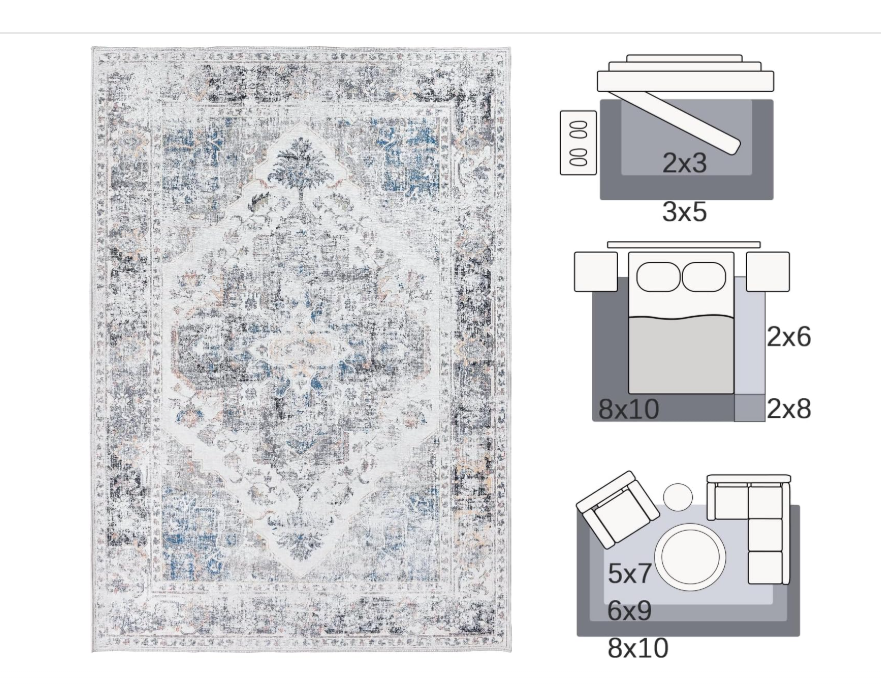 jinchan Washable Extra Large Area Rug 9x12 Accent Rug for Living Room Grey Vintage Floor Mat Floral Printed Distressed Carpet Non Slip Low Pile