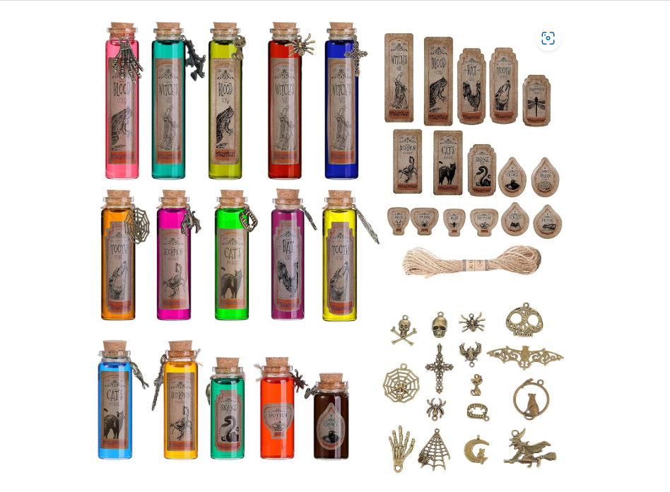 Sliner 313 Pcs Halloween Mini Glass Jars with Wood Cork Stoppers Halloween Bottle Labels Animal Apothecary Stickers Halloween Charms Pendants and String for Halloween Party Decorations Props