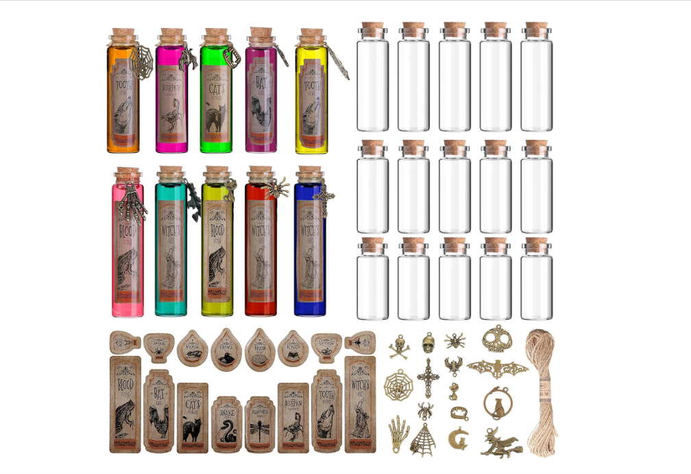 Sliner 313 Pcs Halloween Mini Glass Jars with Wood Cork Stoppers Halloween Bottle Labels Animal Apothecary Stickers Halloween Charms Pendants and String for Halloween Party Decorations Props
