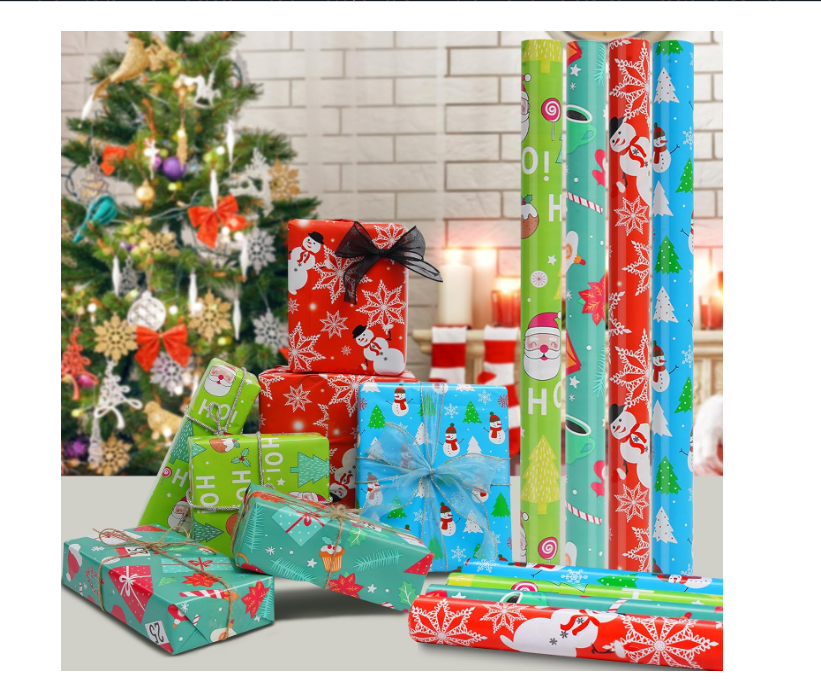 Wrapping Paper, 4 Rolls Christmas Wrapping Paper, Gift Wrap Paper Roll with Snowman & Snowflakes Pictorial for Christmas, New Year, Holiday, Party, 30 In X 15 Feet In Per Roll