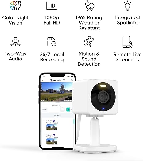 WYZE Cam OG, Wired Indoor/Outdoor 1080p HD Smart Home Security Camera with Built-In Spotlight
