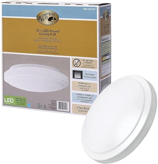 Hampton Bay 12 In. Round LED Flush Mount Light Pantry Laundry Closet Light 1000 Lumens Dimmable 4000K Bright White, 54074391
